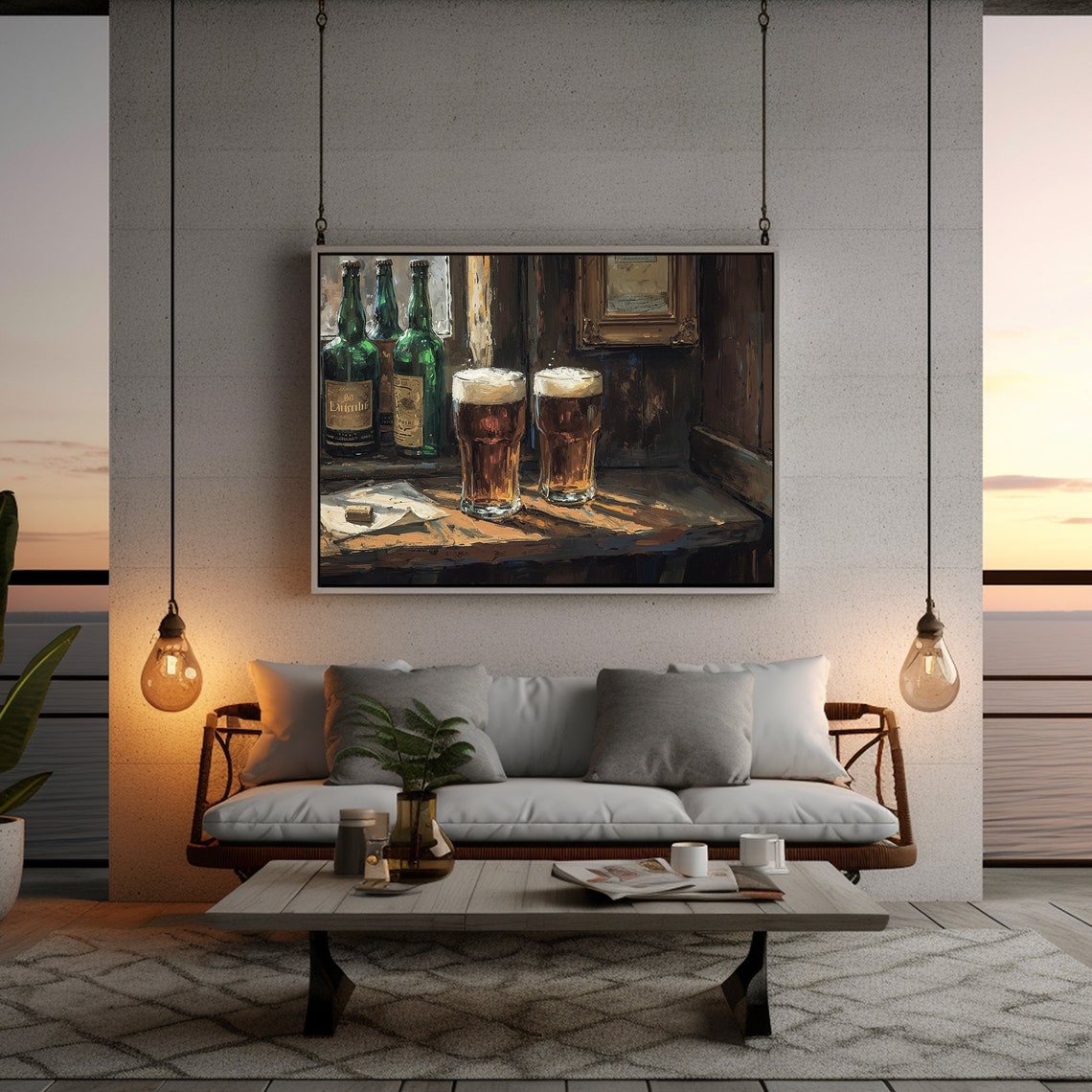 Two Beer Pints And Bottles Old Irish Pub Scene Oil Painting Poster - Image 3