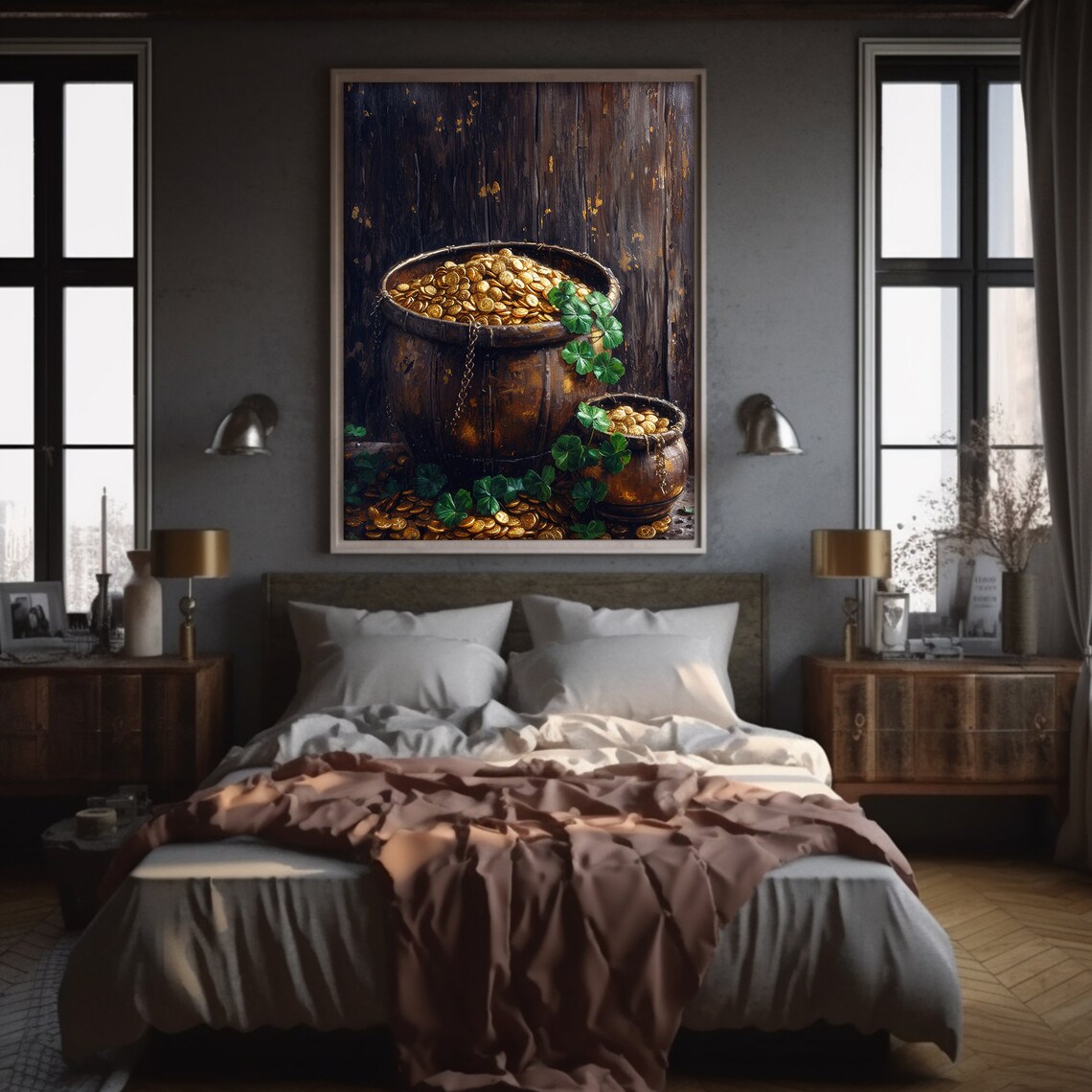 Leprechaun Bucket Of Gold Coins Shamrock Still Life Painting Poster - Image 6