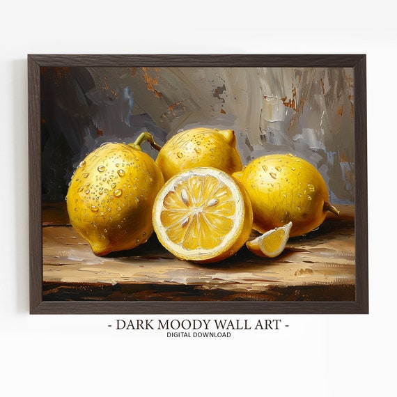 Lemon Painting Dark Moody Art Kitchen Fruit Still Life Print Wall Art