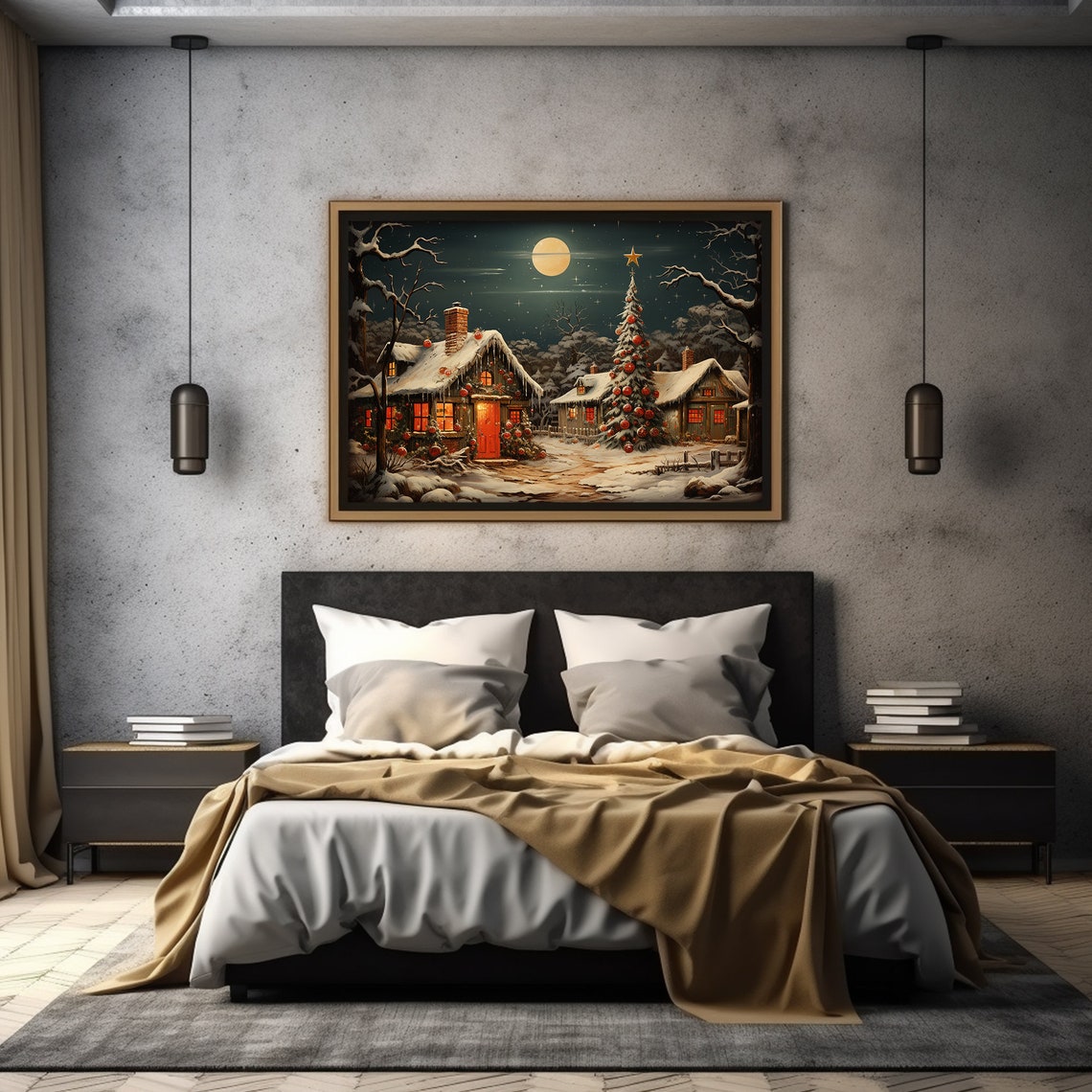 Santa Claus Village Snowy Cabins Moonlit Christmas Tree Poster - Image 2