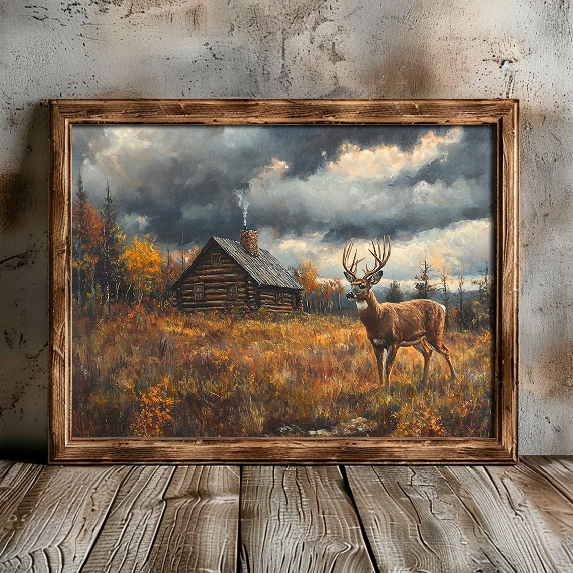 Rustic Log Cabin Deer Autumn Meadow Stormy Sky Painting Poster - Image 2