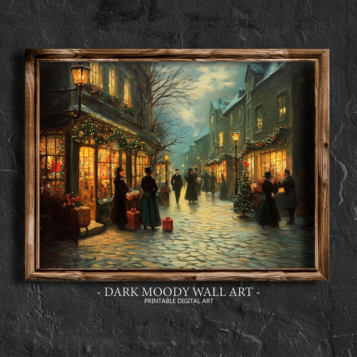 Victorian Christmas Shopping Street at Dusk With Lanterns Wall Art