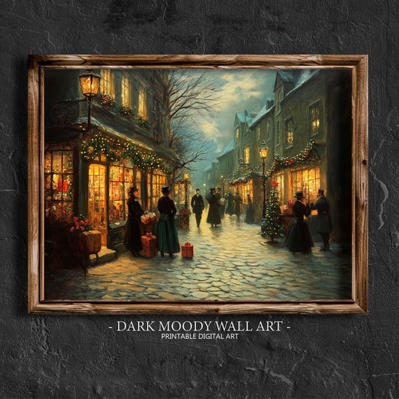 Vintage Christmas Town Print Victorian Christmas City Streets With People Dark Moody Snowy Landscape Painting