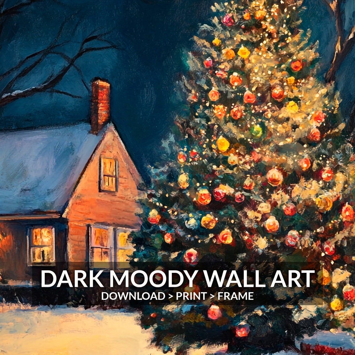 Outdoor Christmas Tree Glowing Beside Cottage Night Art Print - Image 6