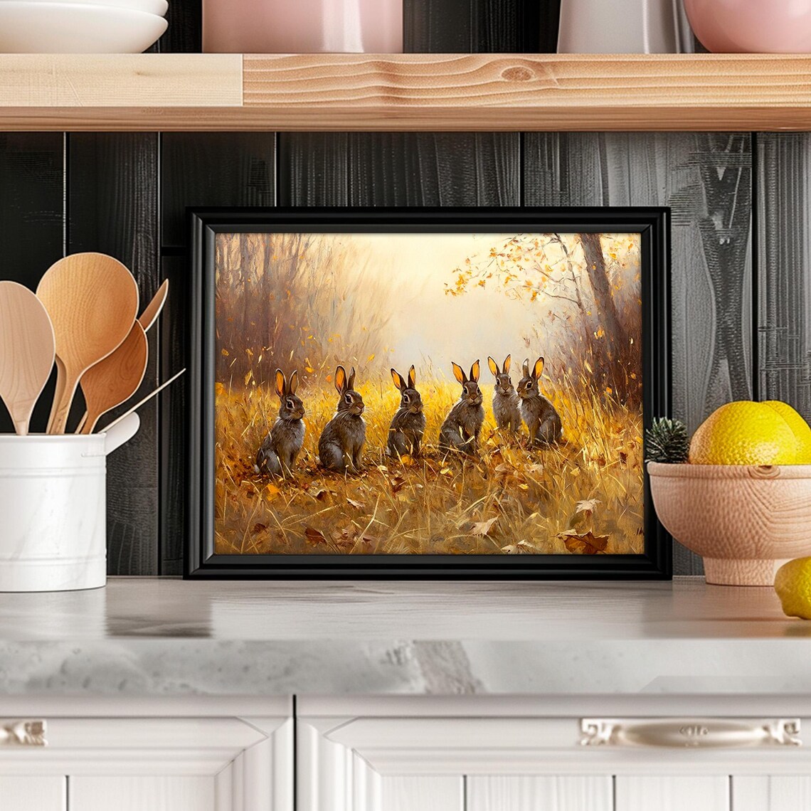 Six Rabbits Golden Meadow Autumn Morning Wildlife Painting Wall Art - Image 4
