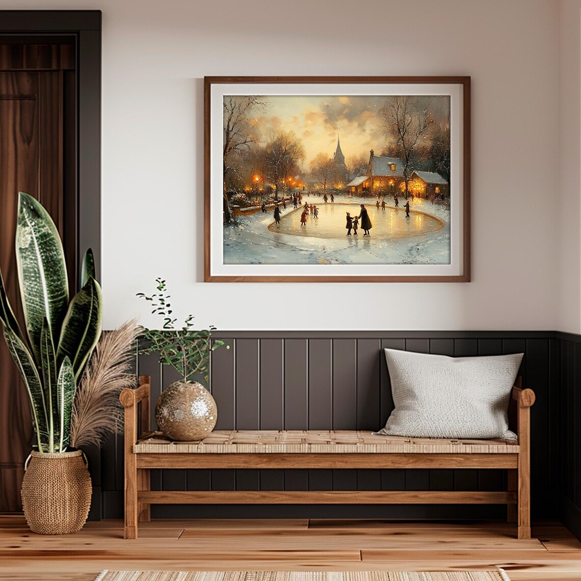 Dusk Skating Pond Town Families Church Spire Vintage Painting Poster - Image 4