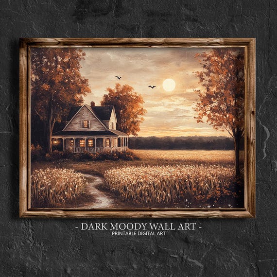 Moody Country Cottage Wall Art Vintage Farm Landscape Painting Dark Cottagecore Print Halloween Farmhouse Wall Decor
