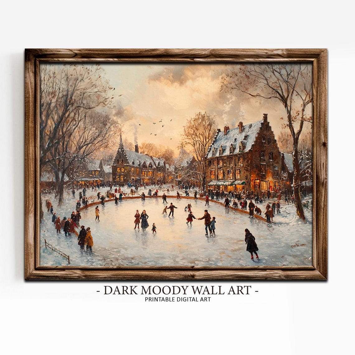 Victorian Ice Skating Village Scene Vintage Winter Painting Poster