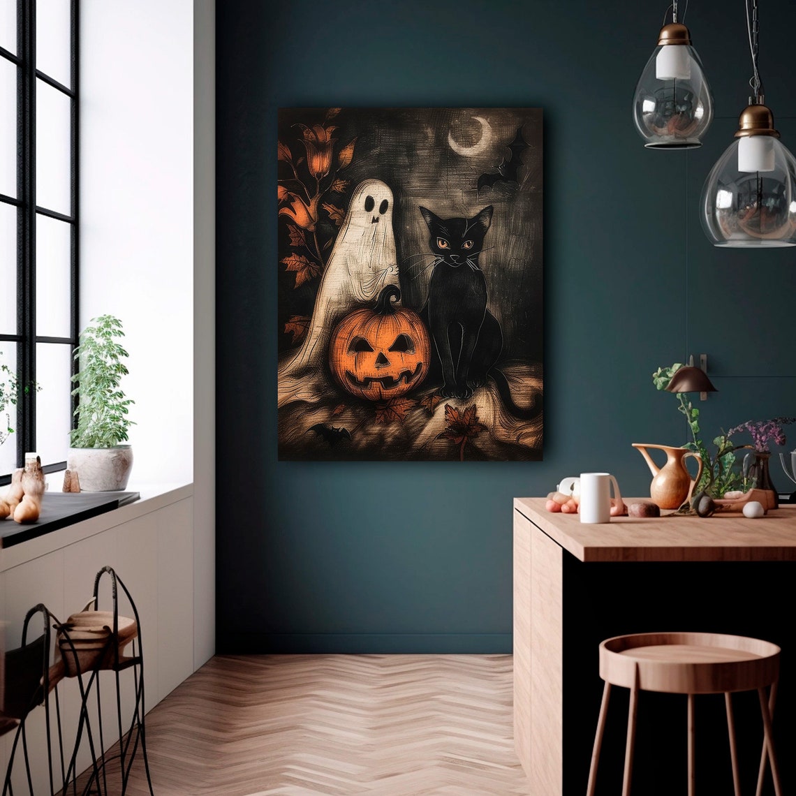 Ghost Black Cat Jack O Lantern Vintage Halloween Night Scene Poster - Image 2
