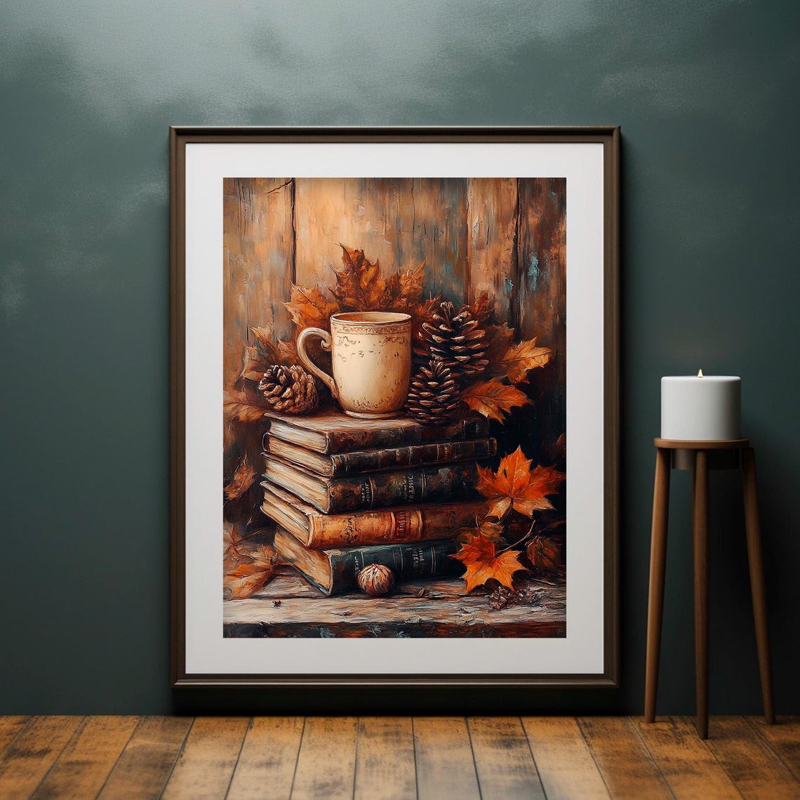 Rustic Fall Decor Wall Art Coffee Fall Book Stack Art Moody Wall Art Vintage Autumn Art Painting Dark Academia Thanksgiving Decor - Image 2