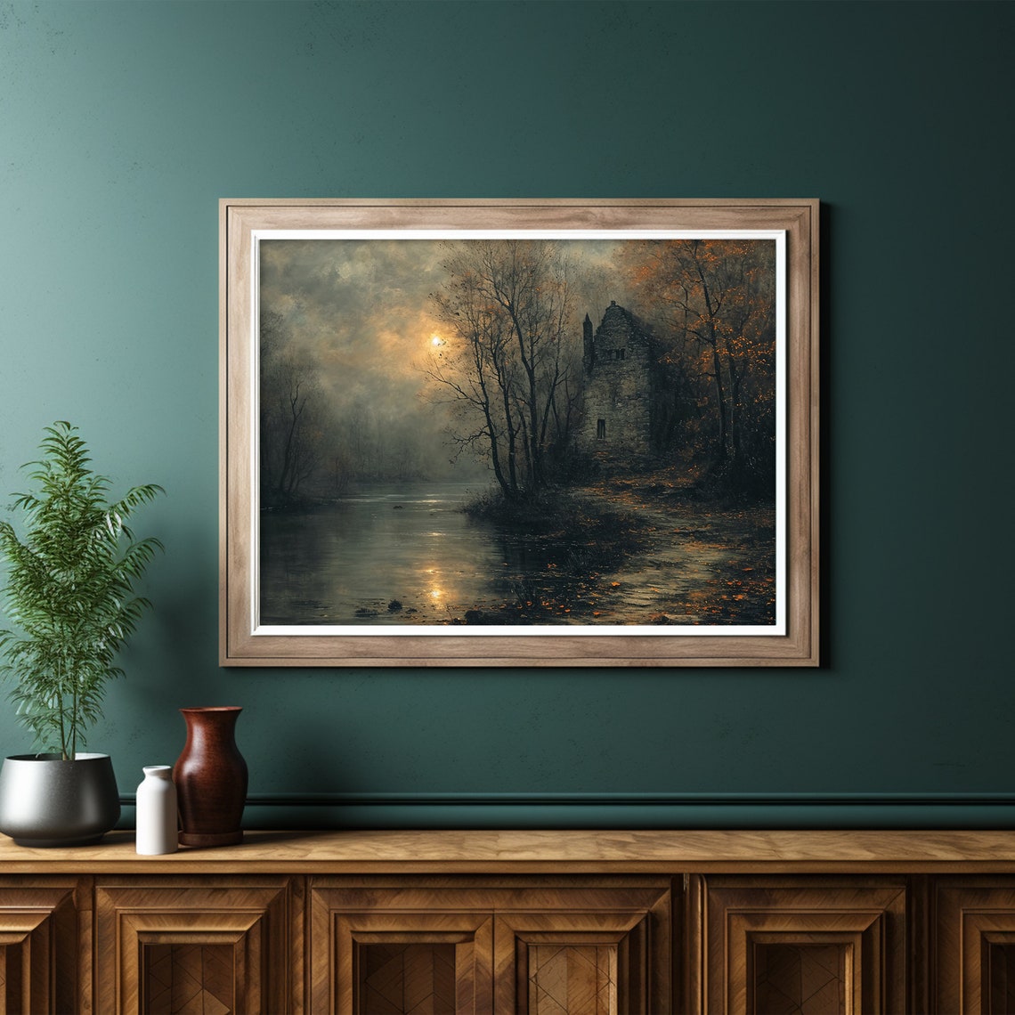 Moonlit Irish Stone Cottage Riverbank Misty Twilight Landscape Poster - Image 6