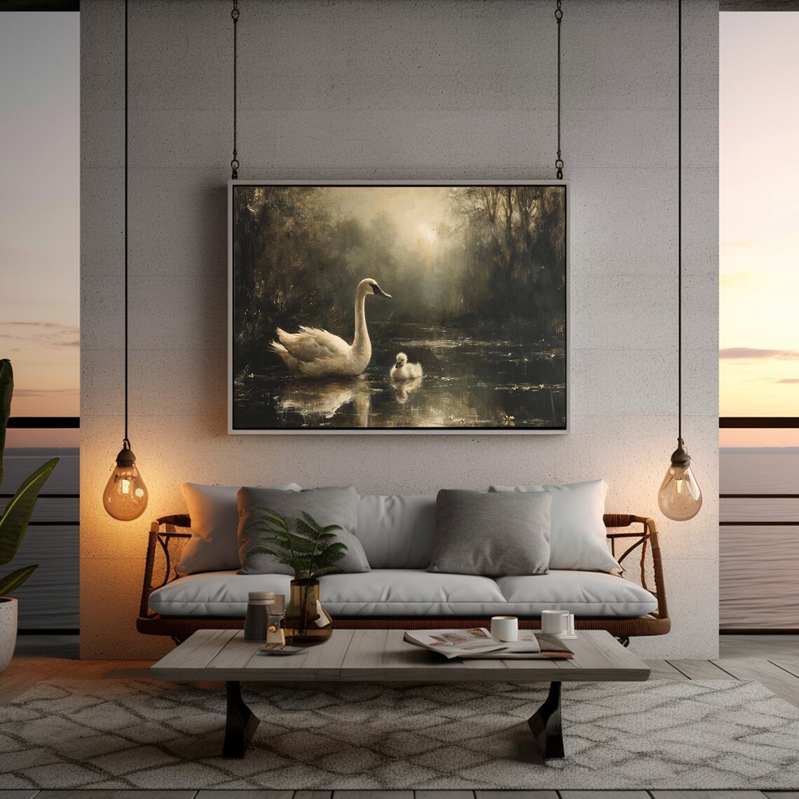 White Swan Painting, Moody Rustic Cottagecore Art - Image 3