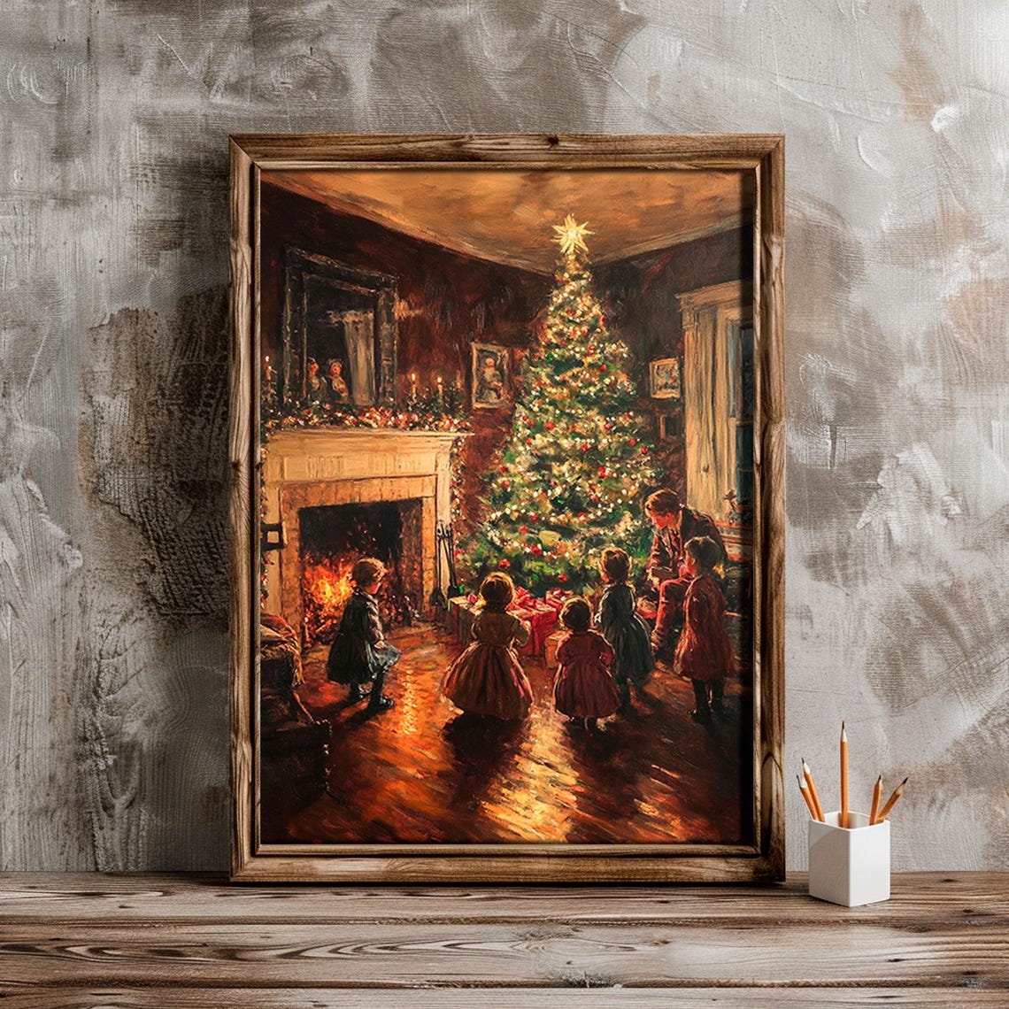 Family Around Christmas Tree Fireplace Warm Evening Scene Poster - Image 6