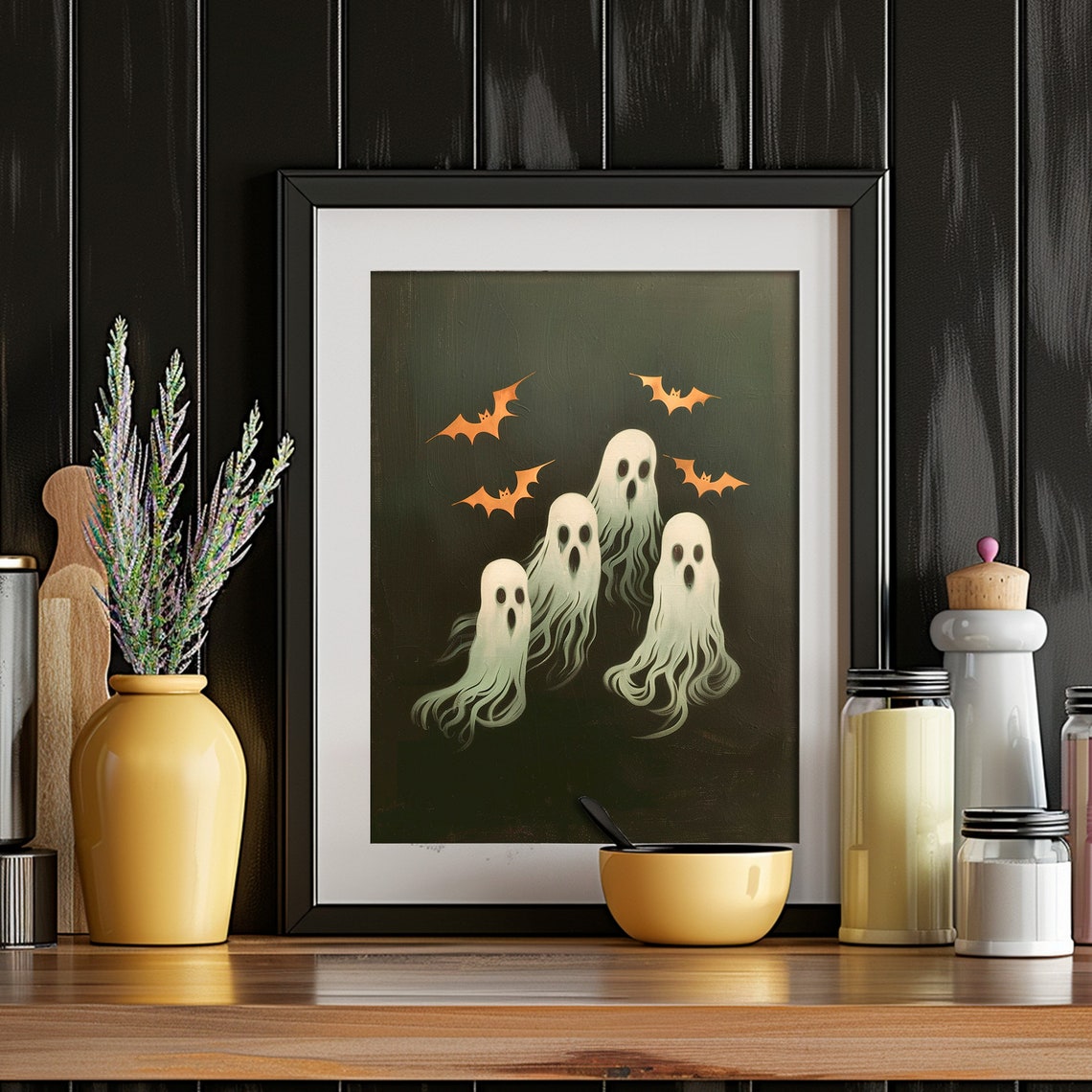 Four Ghosts Orange Bats Dark Green Halloween Painting Vintage Poster - Image 4