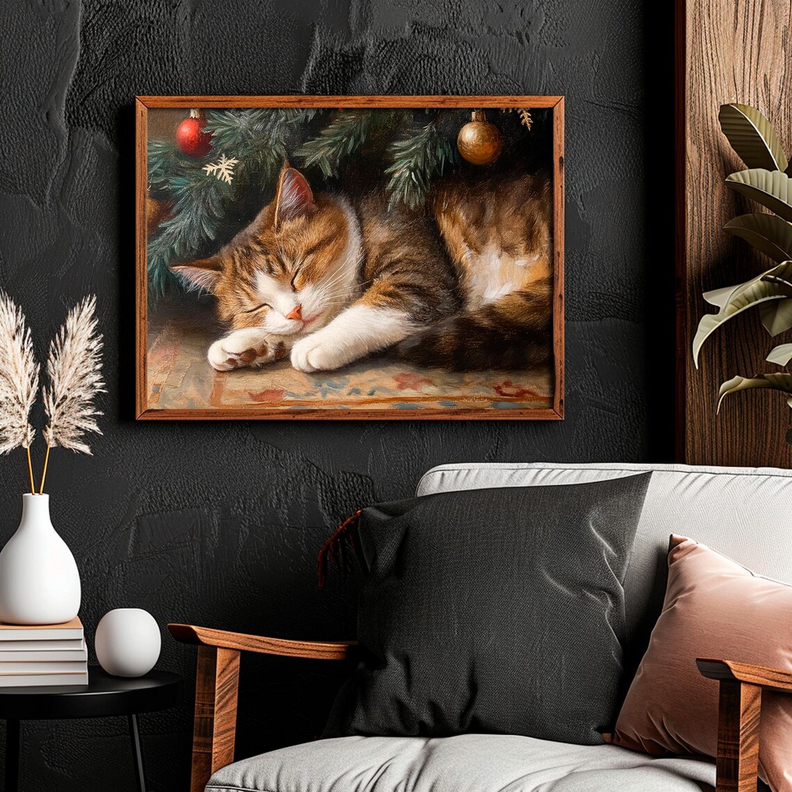Cat Sleeping Under Christmas Tree, Vintage Art Print - Image 6