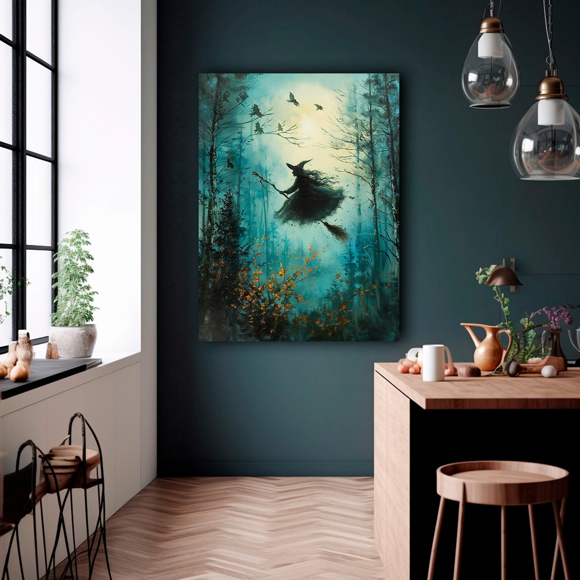 Witch Flying On Broom Through Forest Night Halloween Art Poster - Image 2