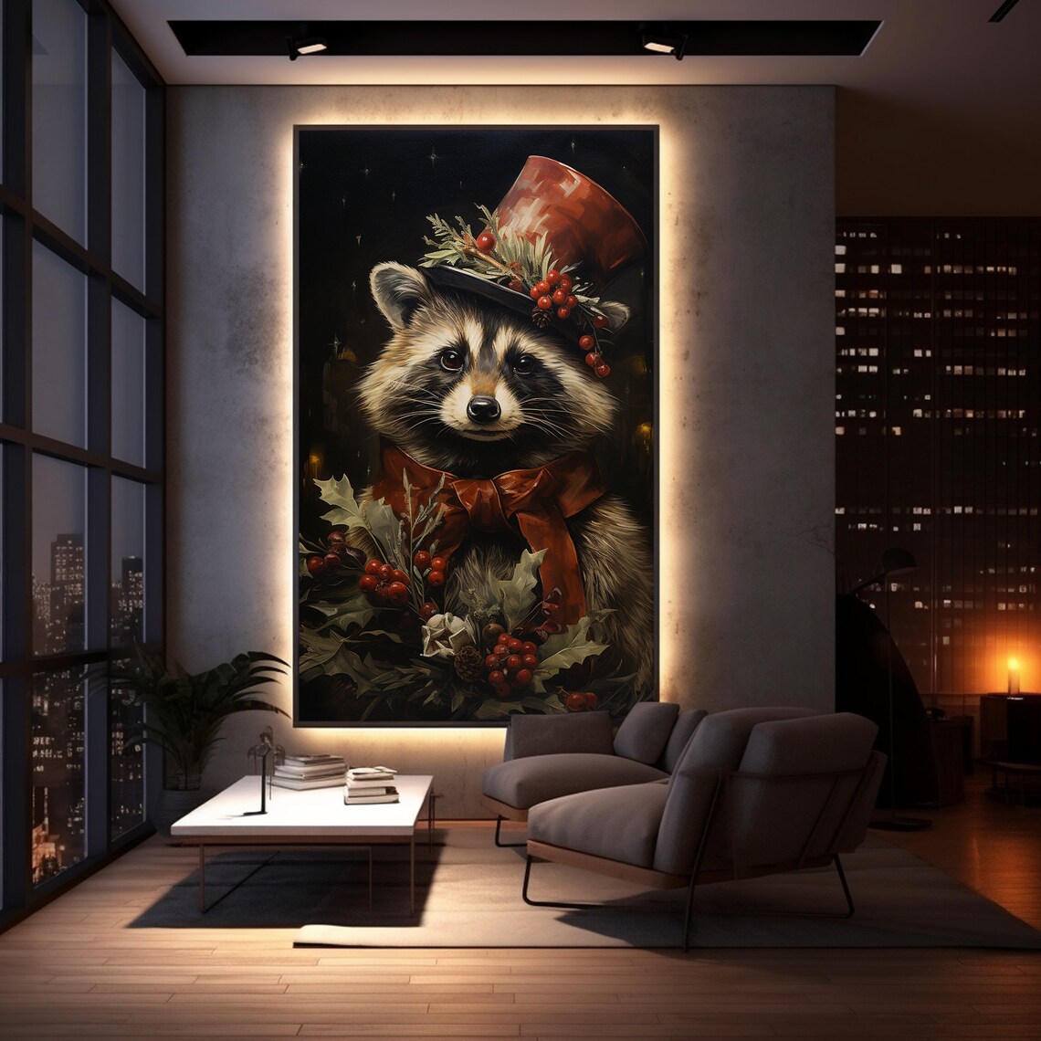 Vintage Christmas Raccoon Art Print, Festive Decor - Image 5