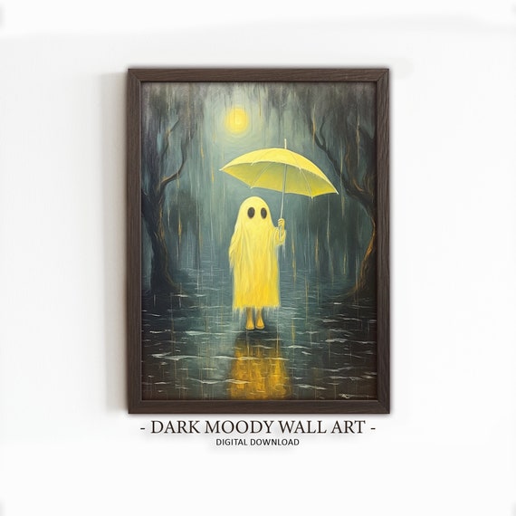 Cute Ghost Print Moody Haunted Halloween Art Gothic Ghost In The Rain Painting Decor