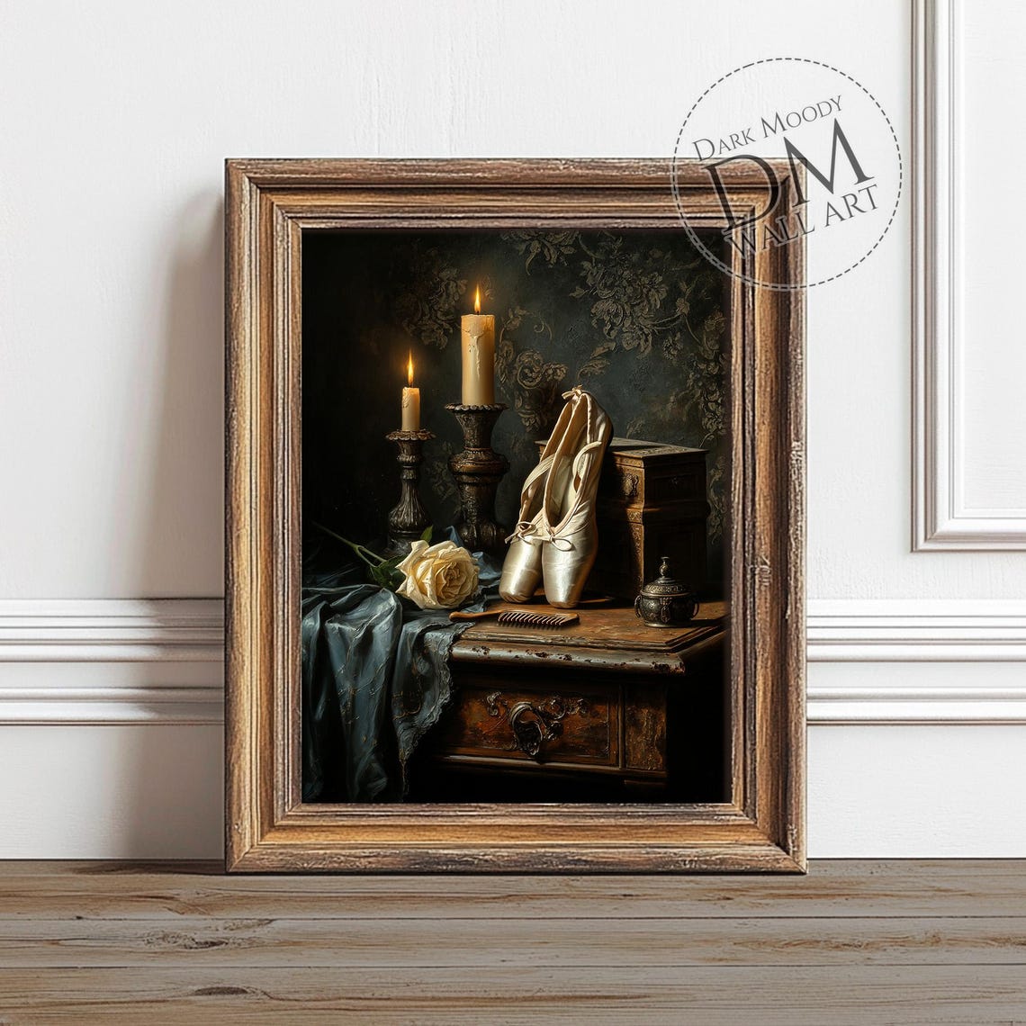 Ballet Pointe Shoes Candles White Rose Dark Vanity Still Life Poster