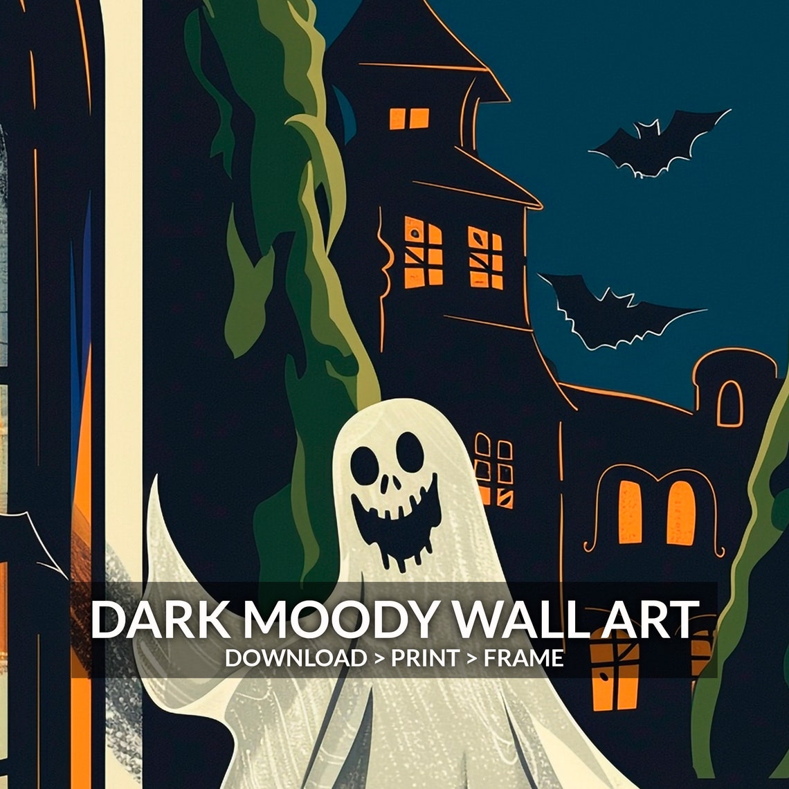 Happy Ghost Haunted House Full Moon Vintage Halloween Art Print - Image 6