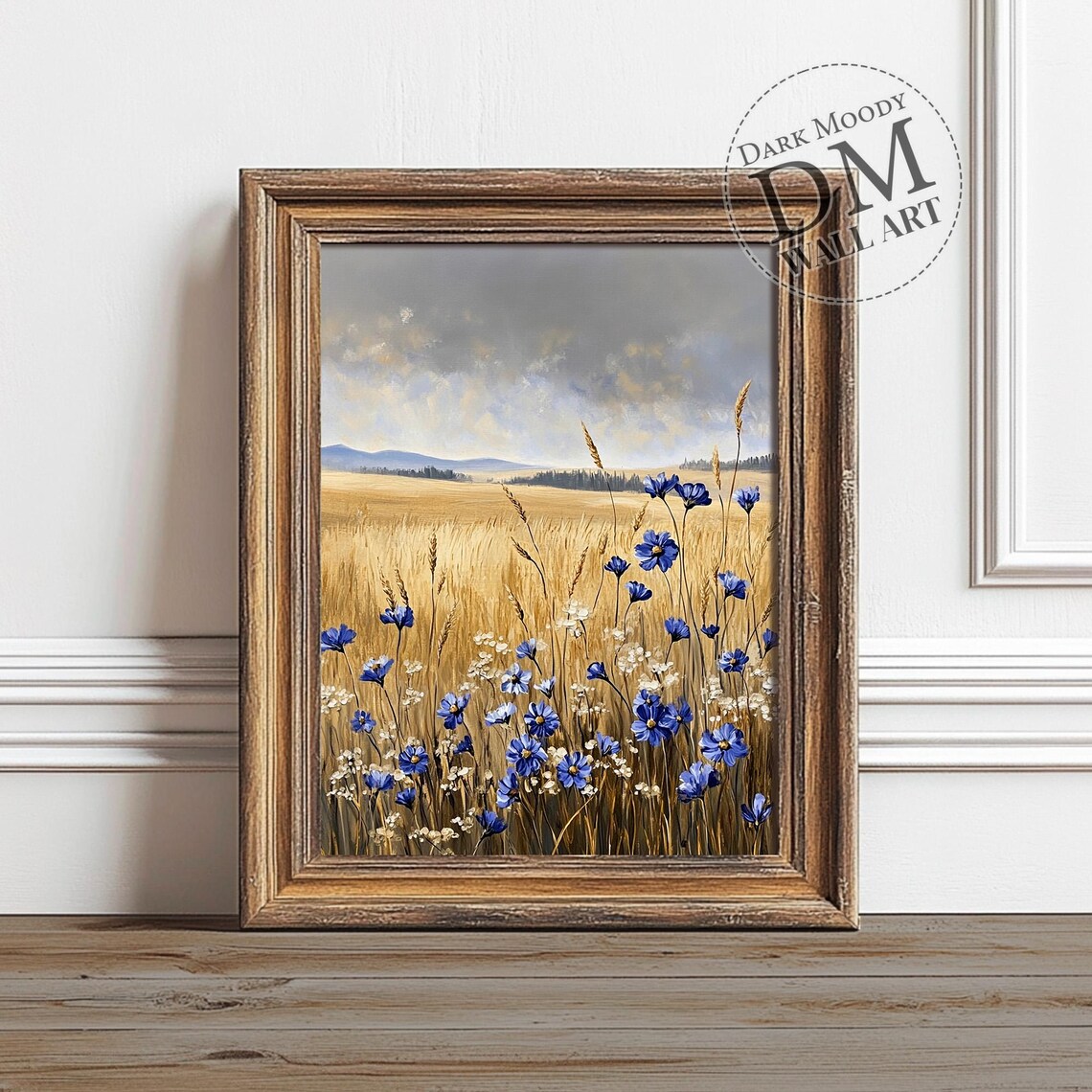 Blue Wildflowers Wheat Field Poster Golden Prairie Sky Farmhouse Art
