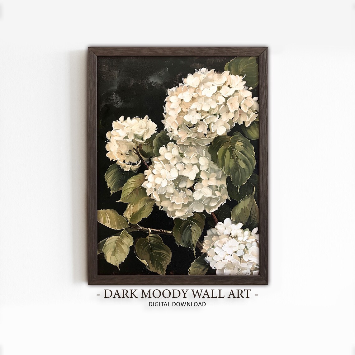 White Hydrangea Painting, Dark Academia Floral Art Print