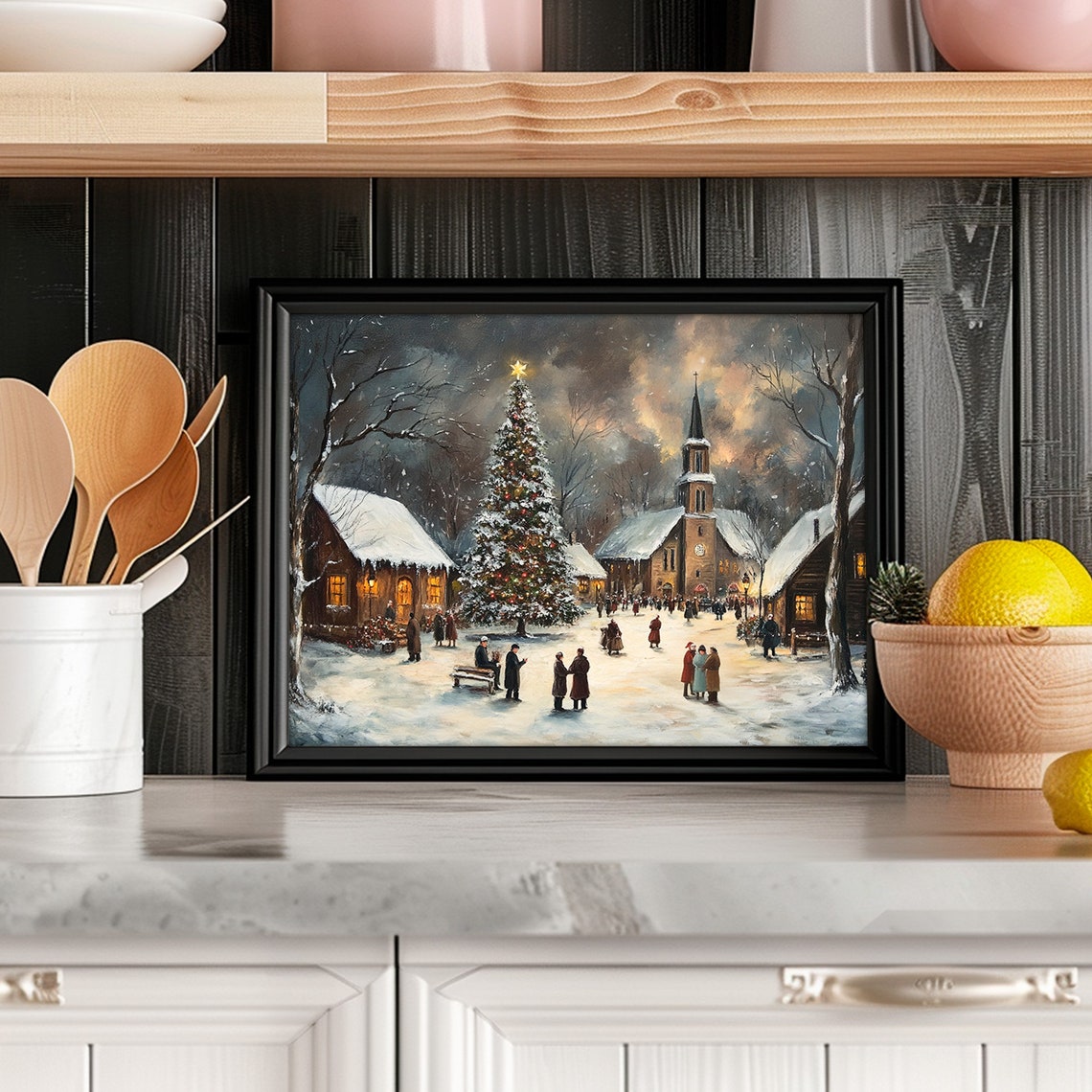 Snowy Village Church Christmas Tree Town Square Winter Art Poster - Image 6