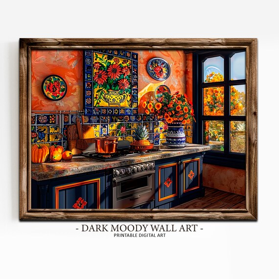 Talavera Tile Kitchen Copper Pots Pumpkins Warm Sunlight Art Print