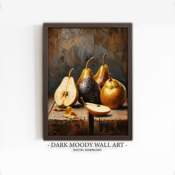 Pear Painting Dark Moody Art Kitchen Fruit Still Life Print Wall Art