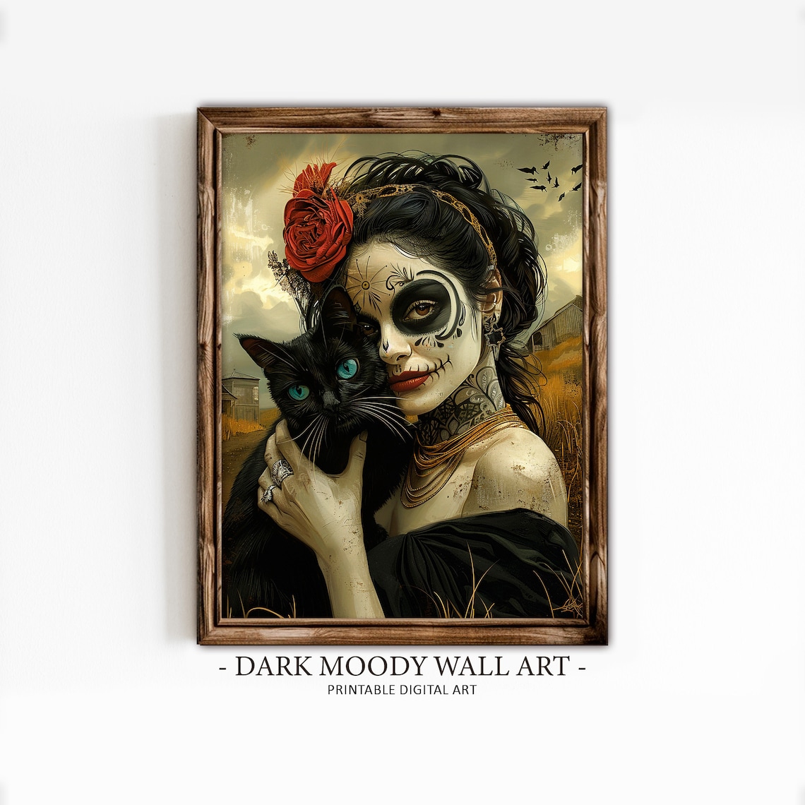 La Catrina Sugar Skull Woman Black Cat Red Rose Day of Dead Poster
