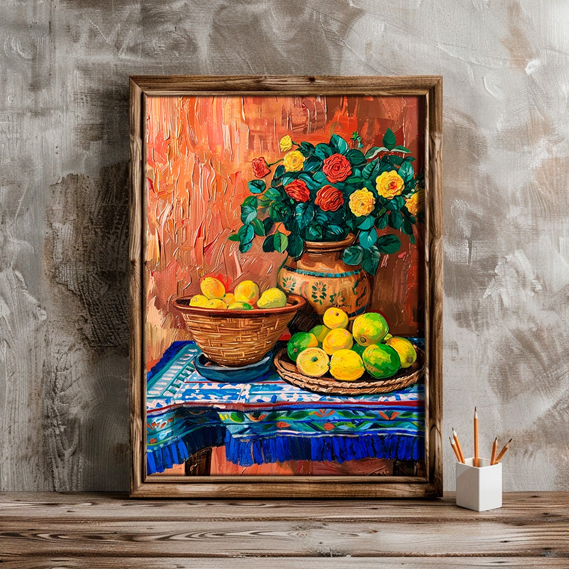 Kitchen Still Life Roses Lemons Limes Clay Vase Colorful Art Poster - Image 6