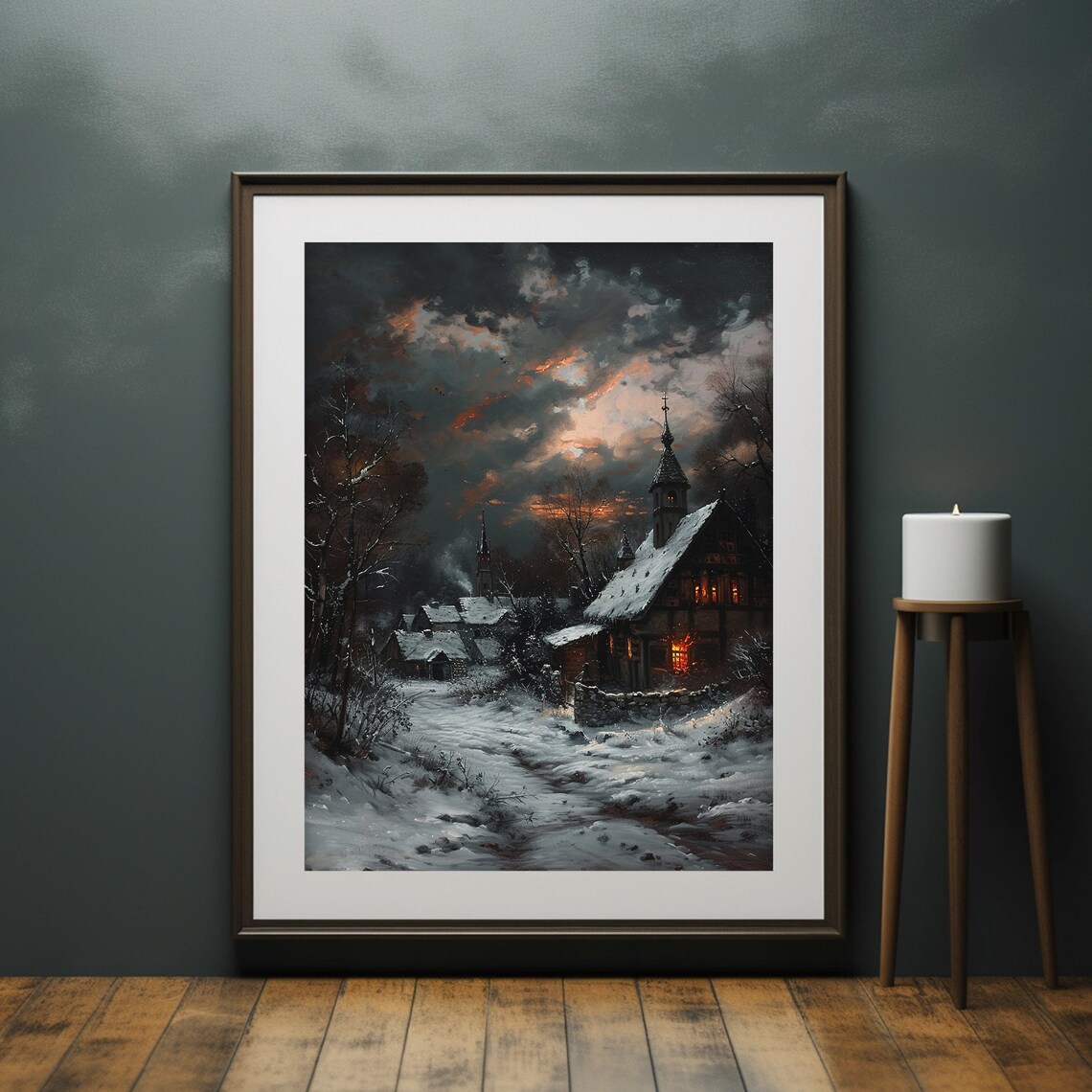 Dark Winter Village, Moody Christmas Rustic Art - Image 6