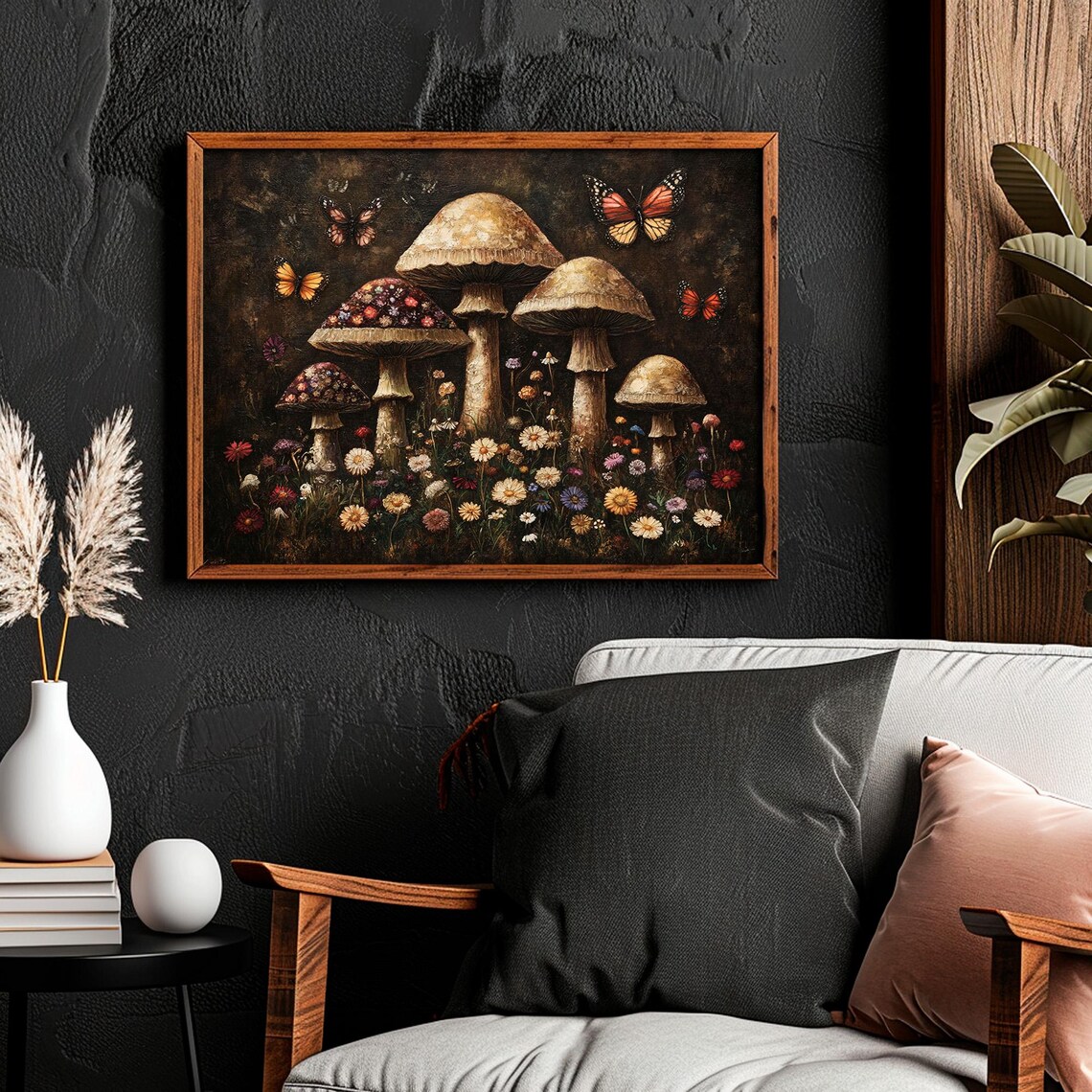 Enchanted Mushroom Forest Butterflies Wildflowers Dark Botanical Poster - Image 2