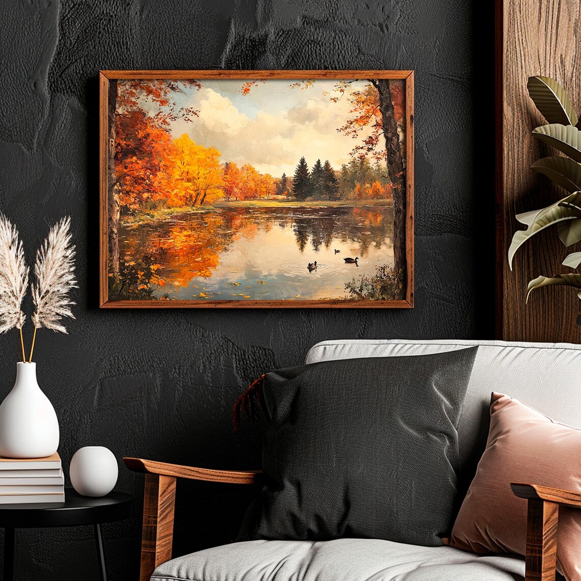 Autumn Lake With Ducks Fiery Fall Foliage Reflection Landscape Painting Poster - Image 3