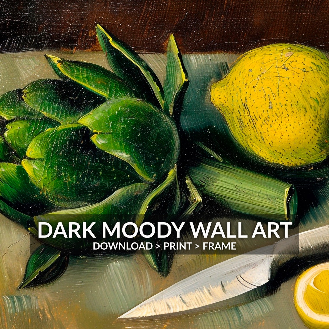 Artichoke Lemon Print Moody Kitchen Wall Decor Dark Still Life Painting Rustic Farmhouse Vegetable Wall Art - Image 4