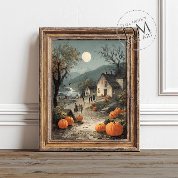 Halloween Village With Pumpkins Wall Art Gothic Autumn Scene