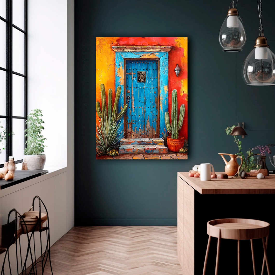 Blue Wooden Door Orange Wall Cactus Garden Mexican Art Print - Image 4