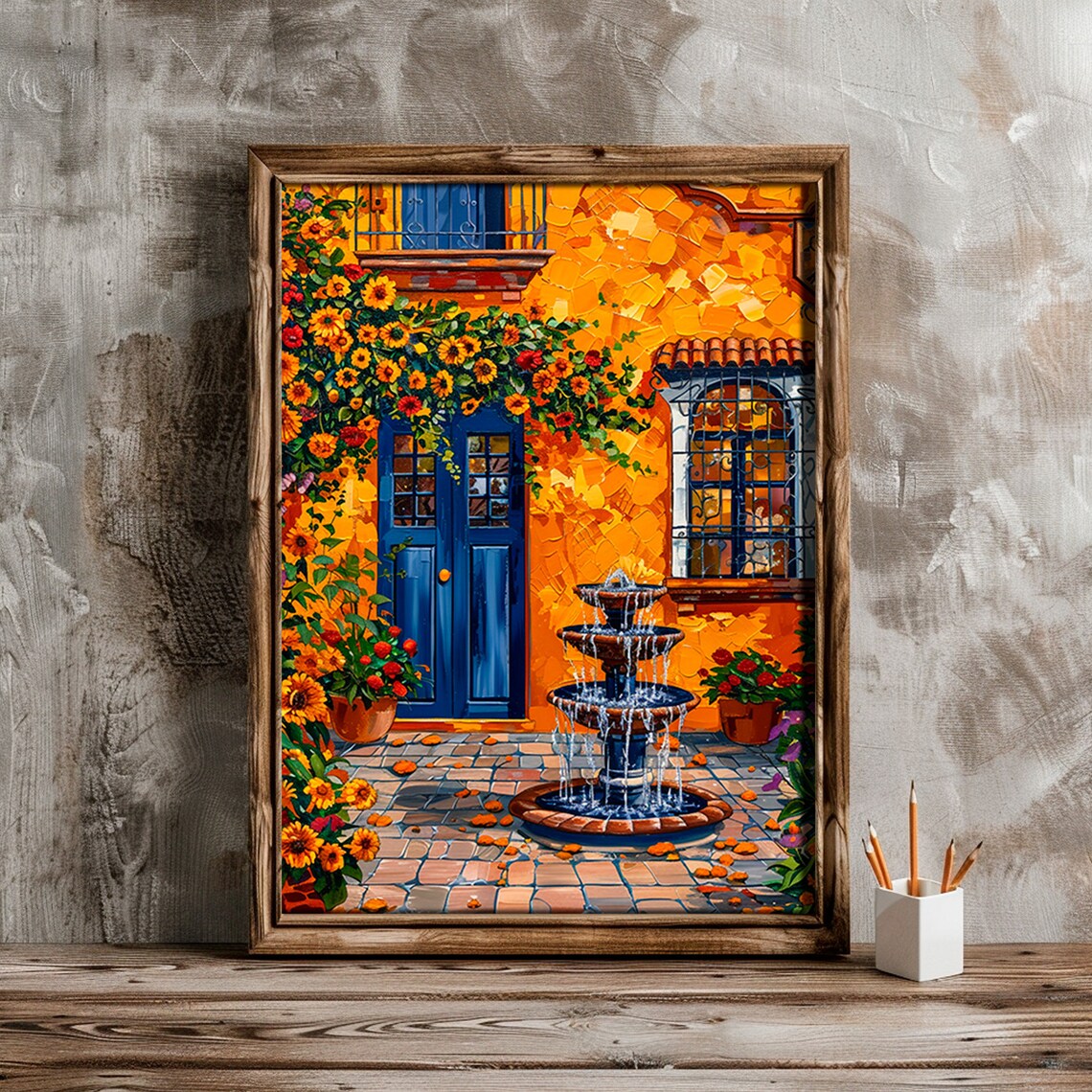 Golden Mexican Courtyard Fountain Blue Door Sunflowers Art Print - Image 4