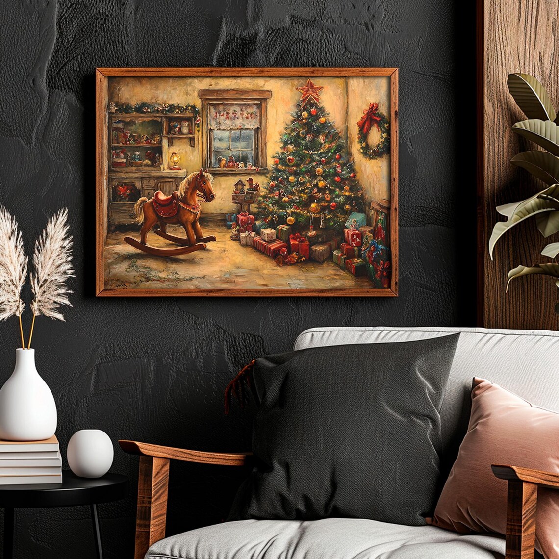 Vintage Christmas Living Room Rocking Horse Tree Gifts Poster - Image 2