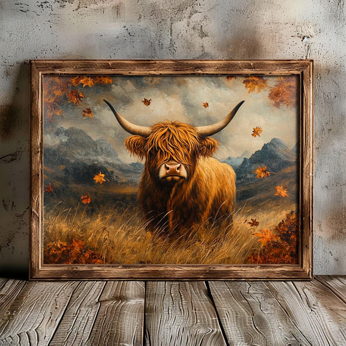 Highland Cow Autumn Mountains Rustic Farm Animal Portrait Wall Art - Image 4