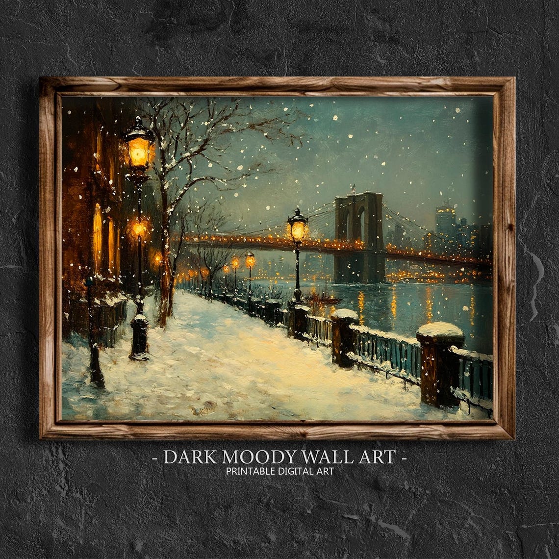 Brooklyn Bridge Snowy Waterfront Promenade Dusk Glow View Poster