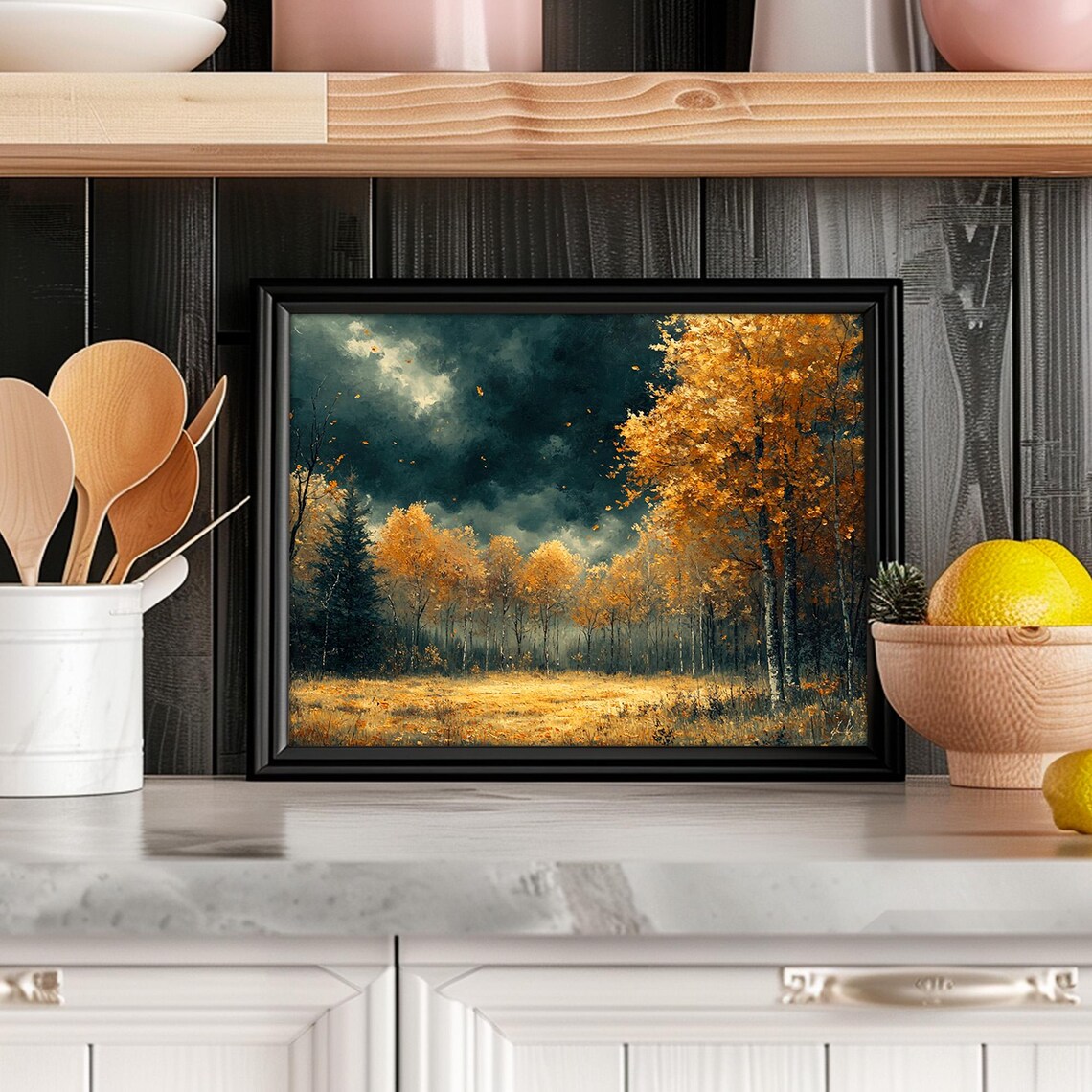 Golden Birch Forest Dark Stormy Sky Falling Leaves Moody Painting Poster - Image 6