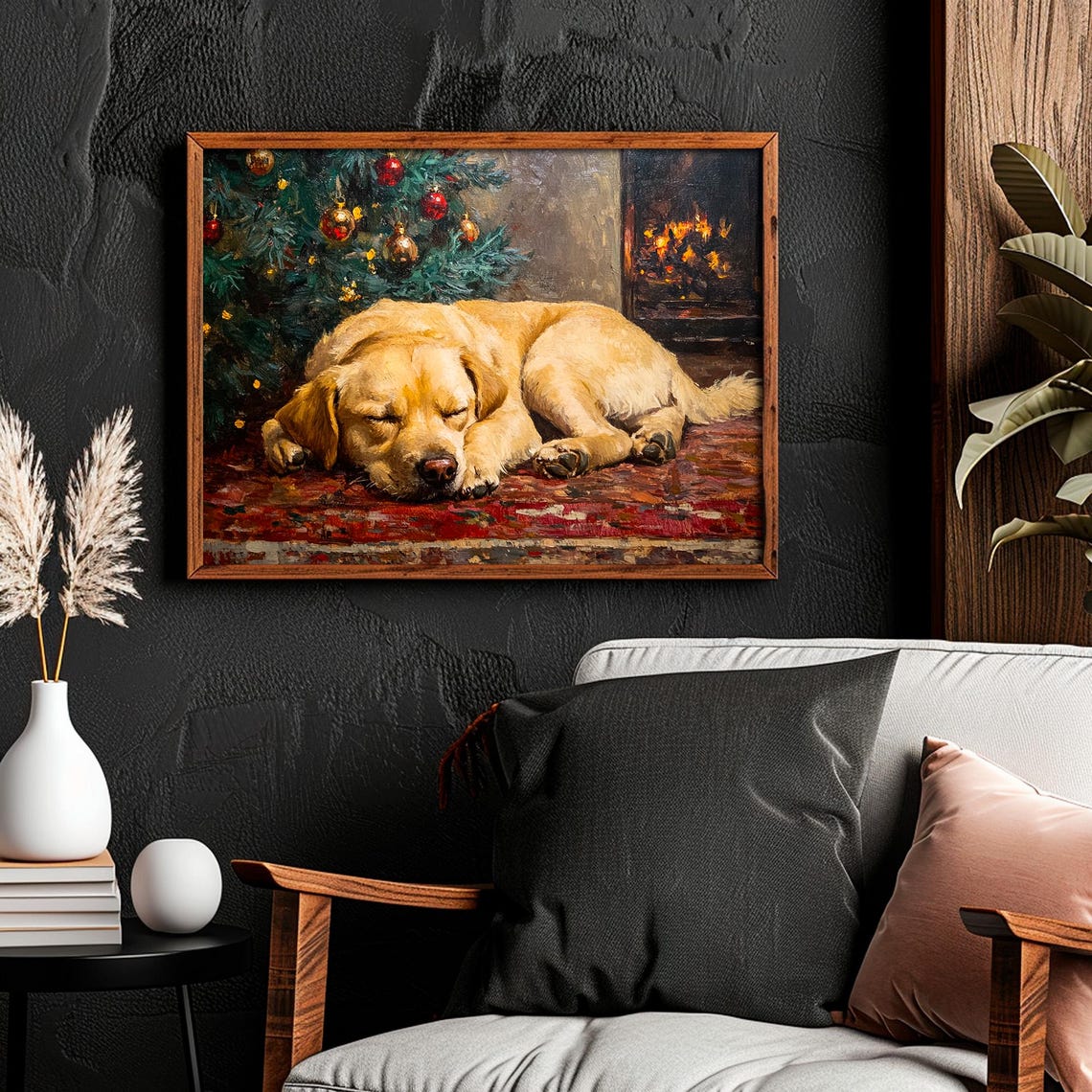 Golden Retriever Sleeping by Christmas Tree Fireplace Painting Poster - Image 4