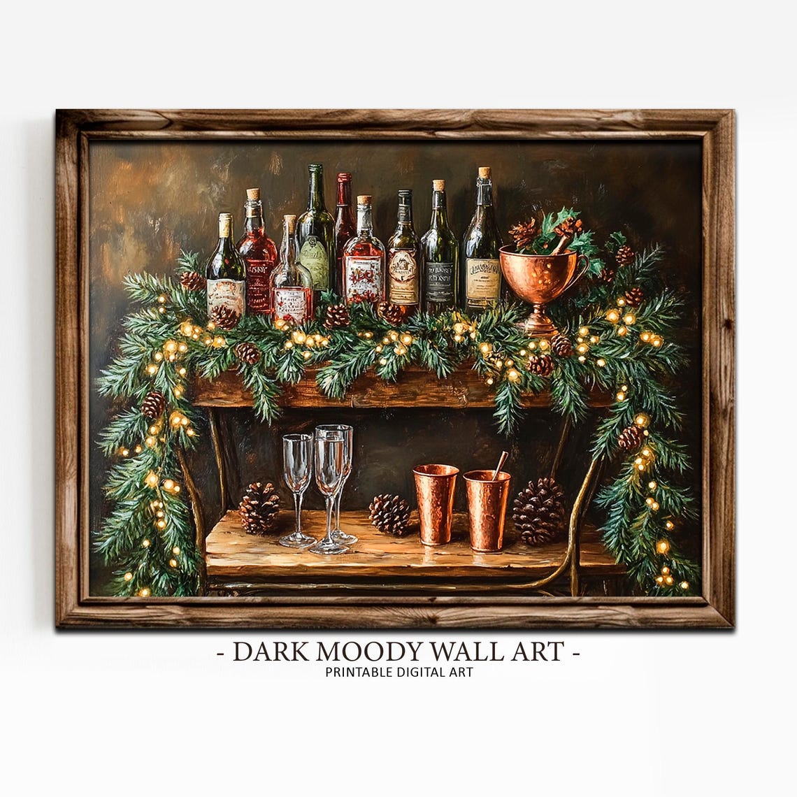 Festive Christmas Bar Cart With Wine Bottles and Copper Mugs Wall Art - Image 4