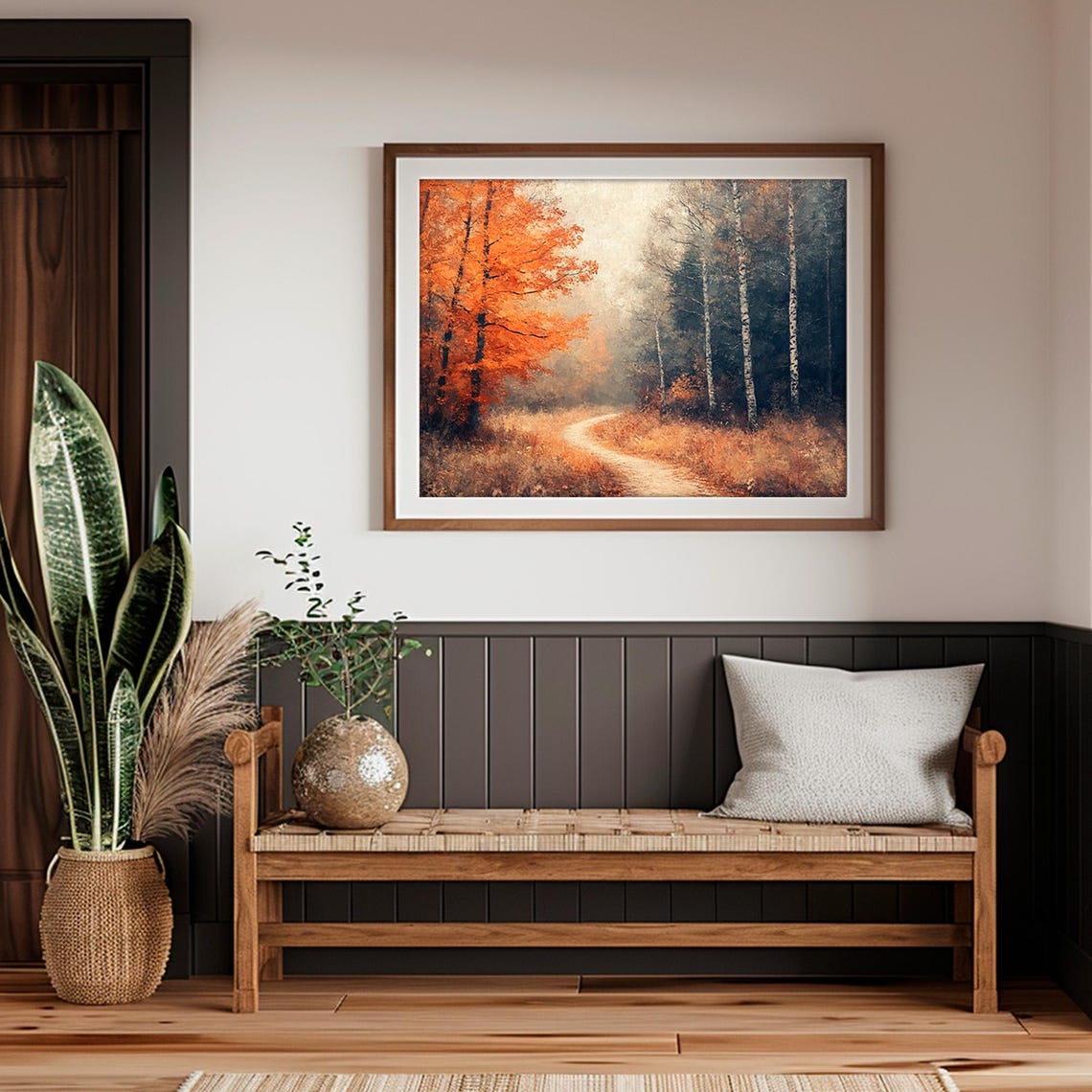 Misty Autumn Forest Path With Birch Trees Warm Orange Foliage Poster - Image 2
