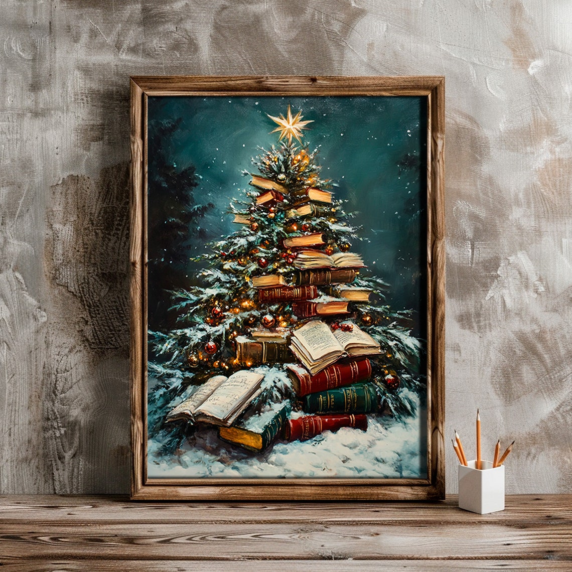 Book Stack Christmas Tree With Star Topper Snowy Night Print - Image 2