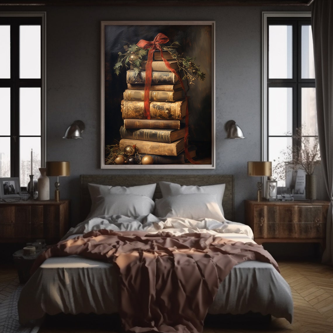 Christmas Book Stack Red Ribbon Vintage Library Painting Poster - Image 4