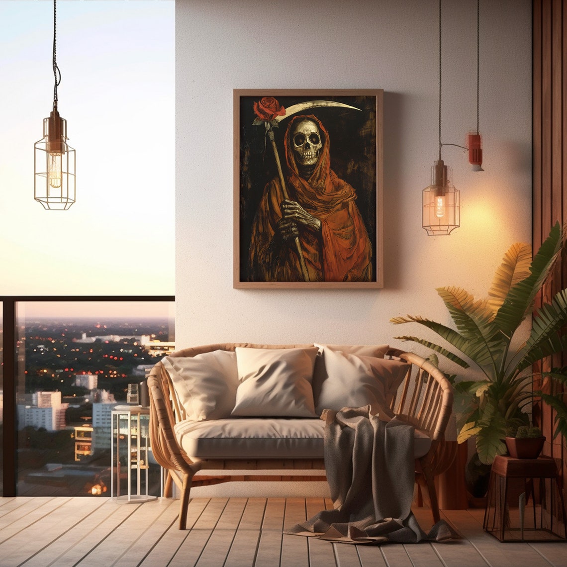 Santa Muerte Grim Reaper with Scythe and Rose Dark Gothic Art Poster - Image 5