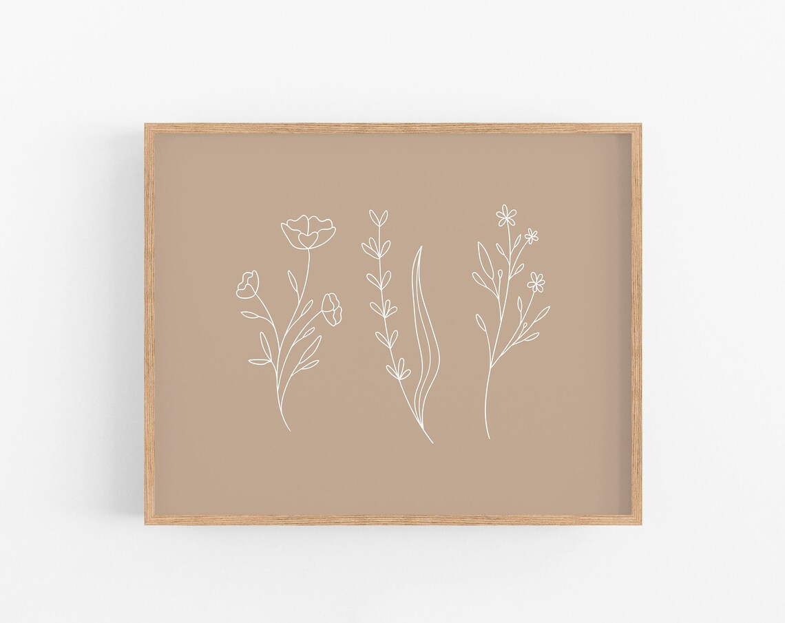 White Wildflowers Line Art Tan Beige Botanical Minimalist Print