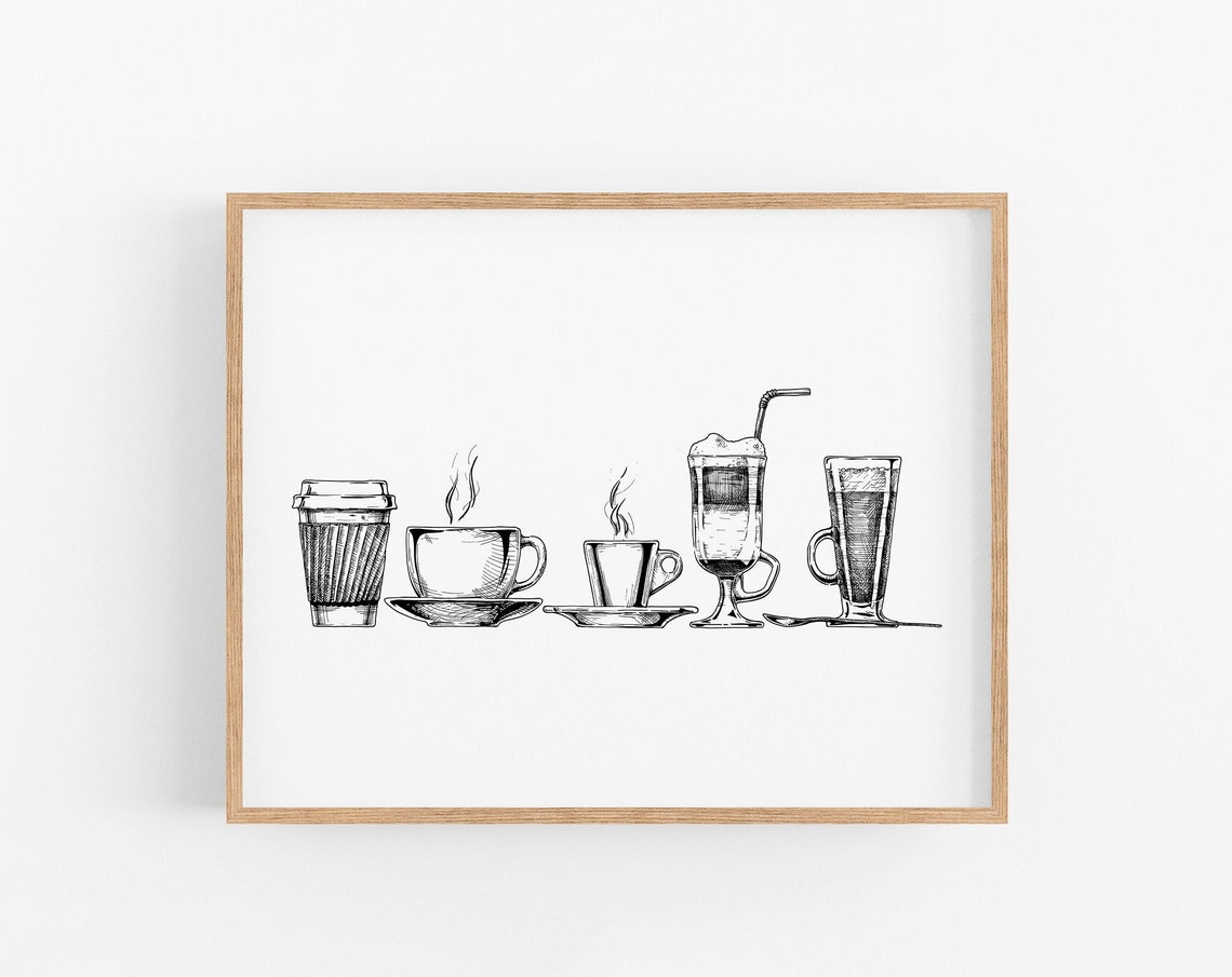 Coffee Cups Line Art Sketch Black And White Kitchen Art Poster